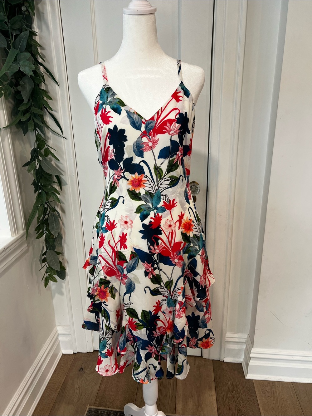 Parker Cream Floral Spaghetti-Strap Midi Dress with Red & Navy Accents